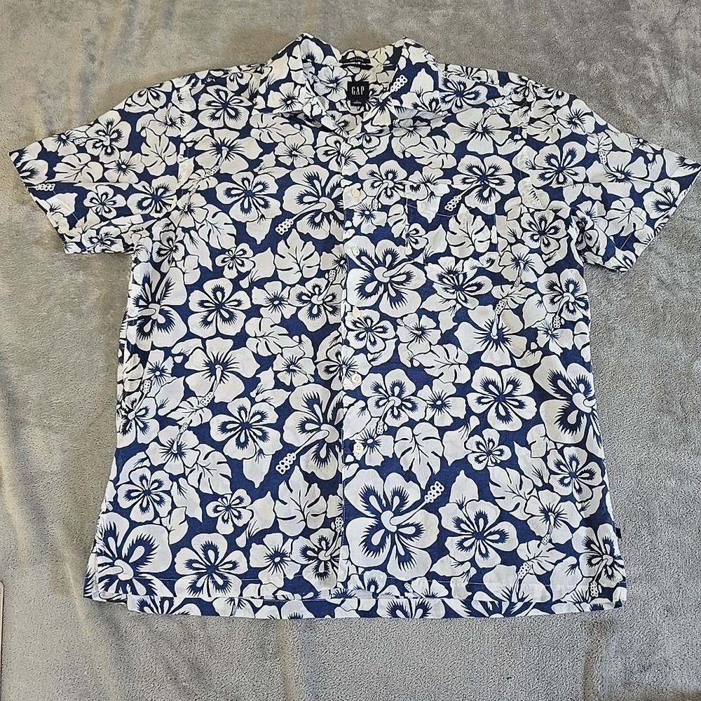 Gap Shirt Mens Large Blue & White Tropical‎ Floral Relaxed Fit Button Up Casual